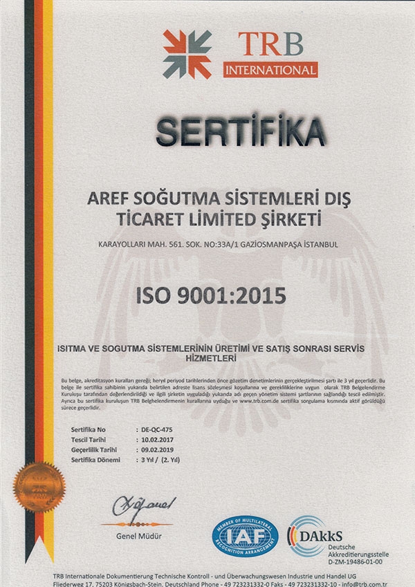 Aref Soğutma TRB ISO 9001:2015